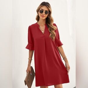 Red lightweight V neck ruffled shift dress!  Here’s to the lady in red.